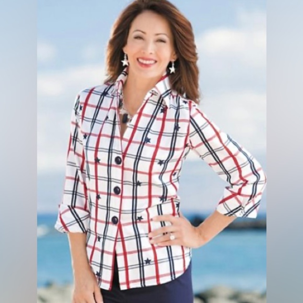Draper’s & Damon’s 4th of July Stars and Stripes Red White and Blue Plaid Top